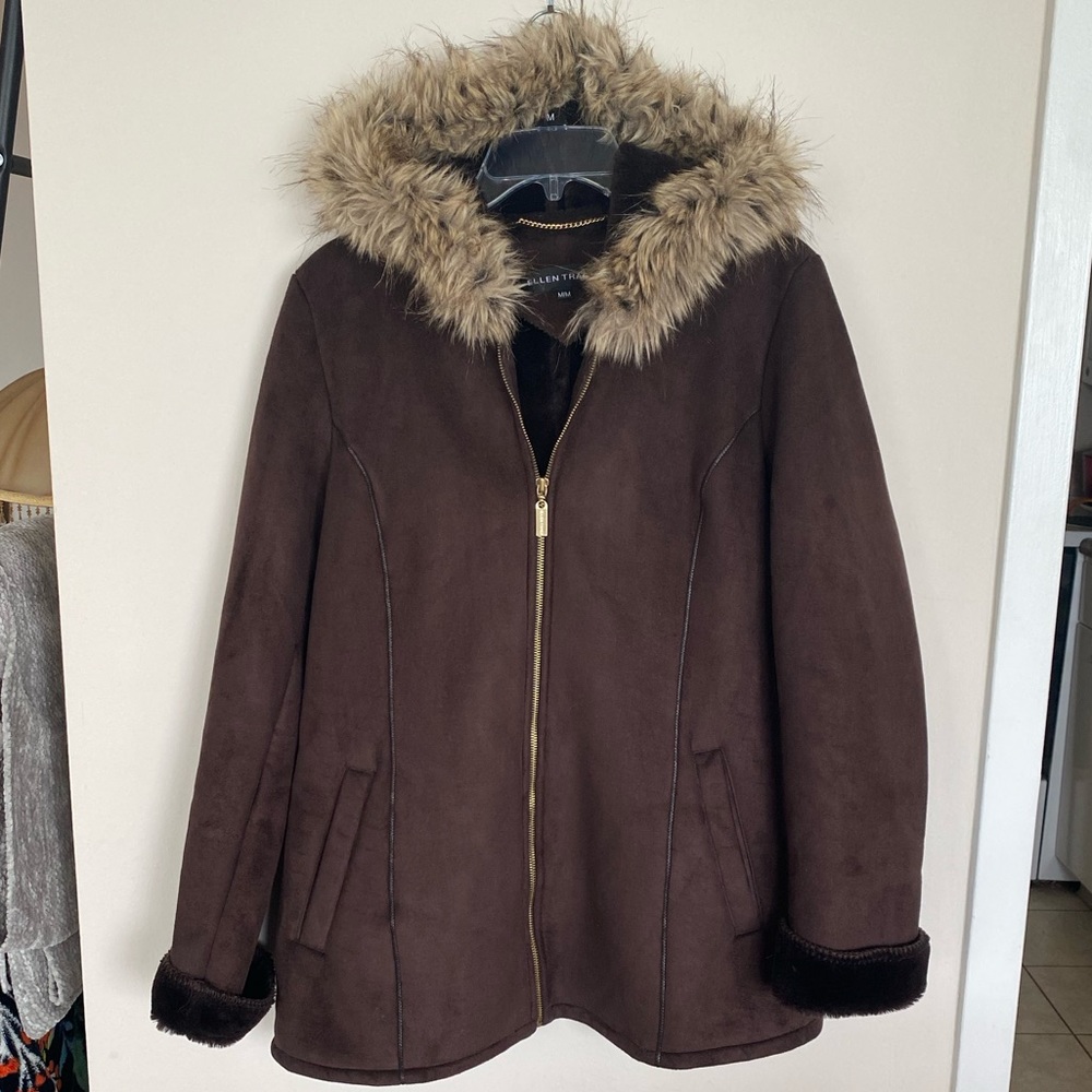ELLEN TRACY Woman’s Faux Suede & Fur Hooded Jacket size Medium